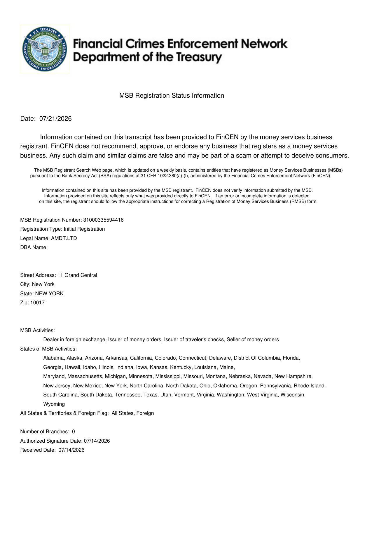 Öffentlich zugängliche MSB-Registrierungsstatus-Informationen